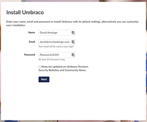 Umbraco 9 Install Screen